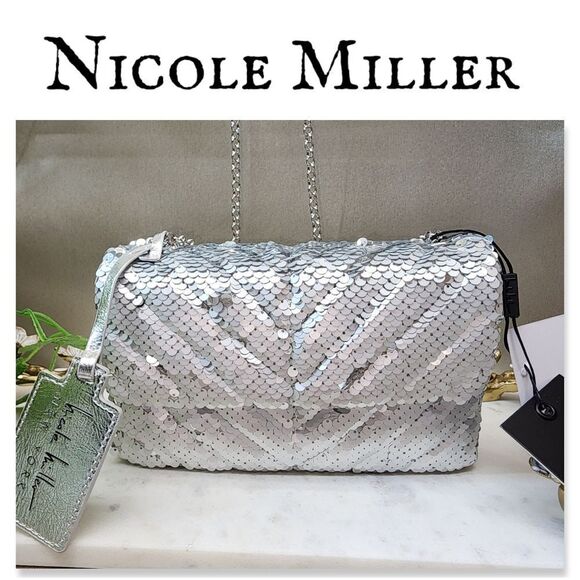 NWT Nicole Miller Silver Sequin Crossbody Bag - Picture 1 of 13